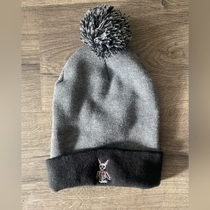 Cute Black + Gray Poof Beanie with Spooky Bunny Embroidered